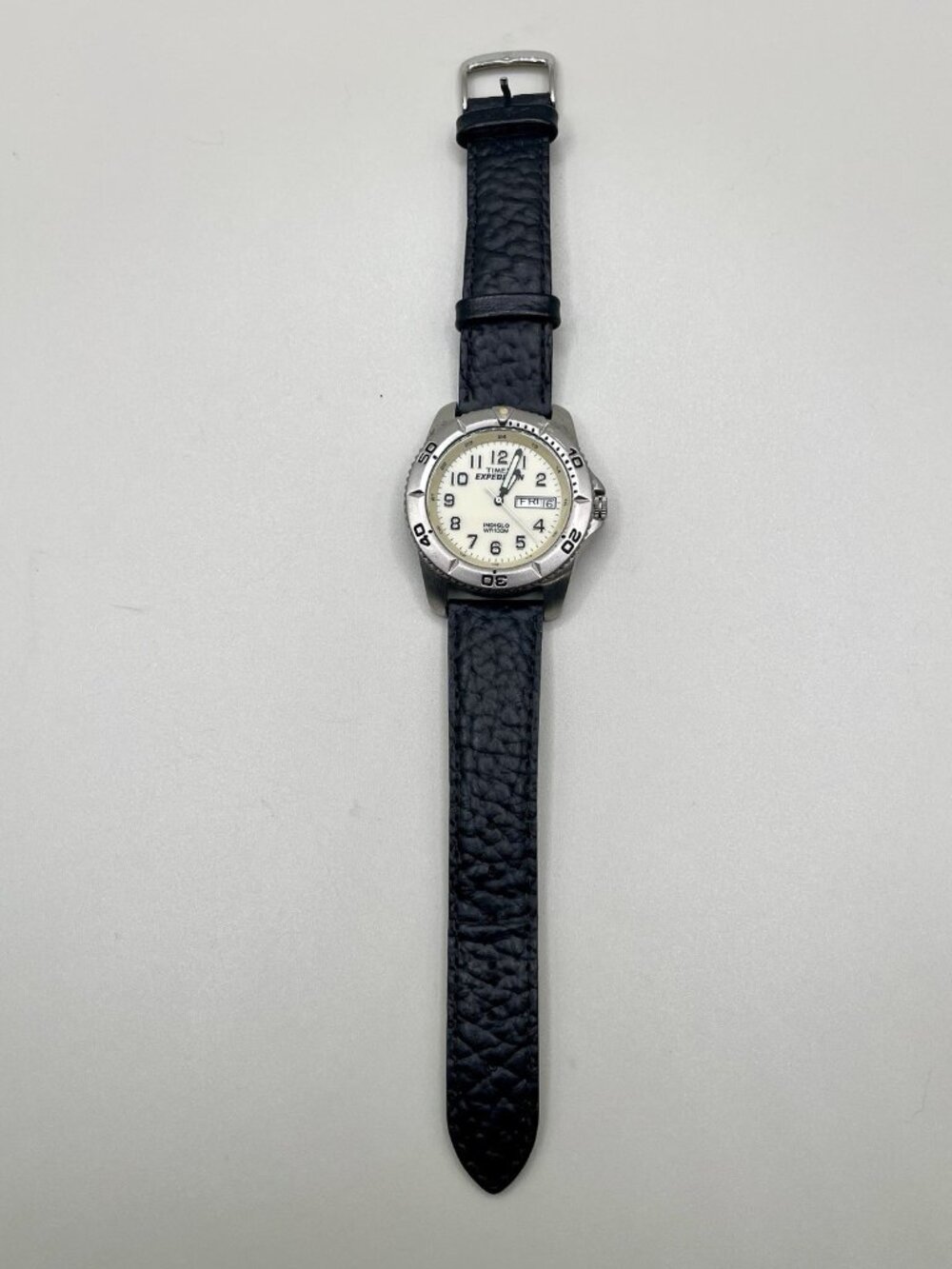 Vintage 90s Timex Expedition Indiglo WR100M Day Date Quartz Watch Leather Band